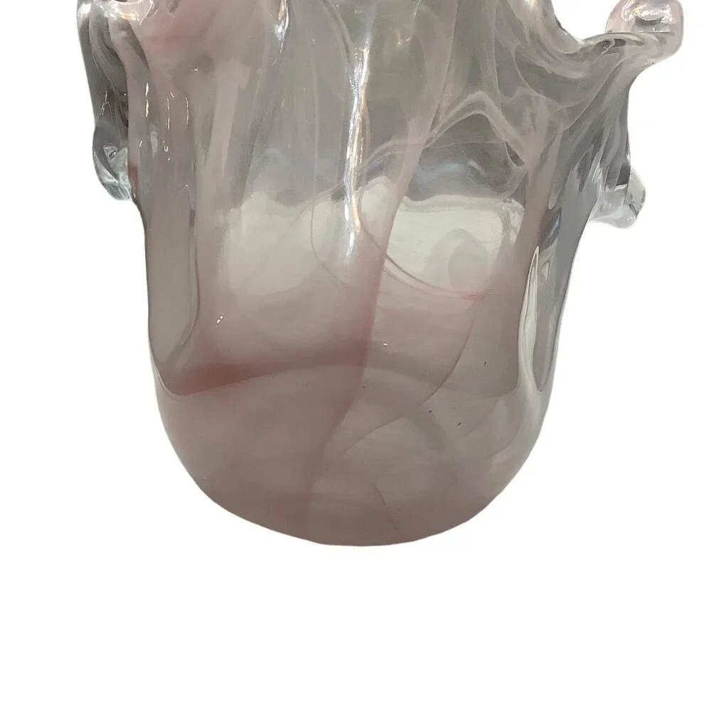 Murano Venetian Glass Splash Vase Crown Flower Top Frosted Pink Swirl Hand Blown